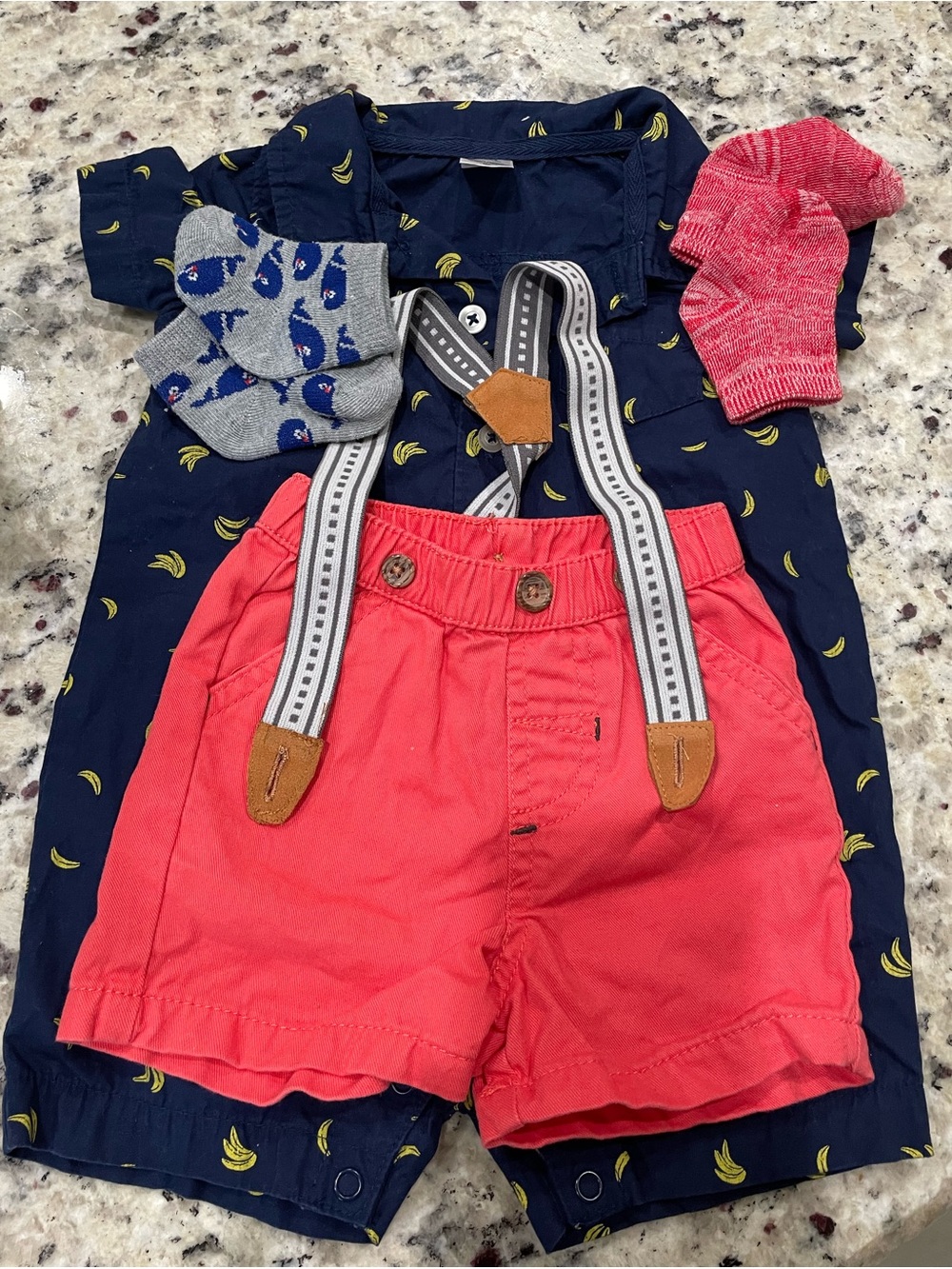 NWOT 4PC baby boy 6-9M Navy Banana Print Romper w Coral MAYORAL Suspender Shorts